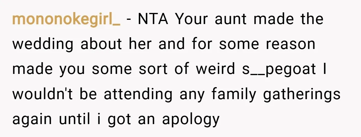 mononokegirl_ − NTA Your aunt made the wedding about her and for some reason made you some sort of weird s__pegoat I wouldn't be attending any family gatherings again until...