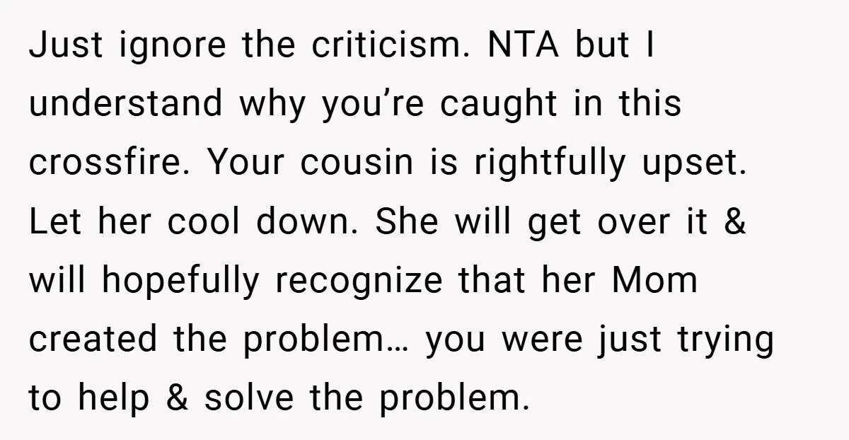 Just ignore the criticism. NTA but I understand why you’re caught in this crossfire. Your cousin is rightfully upset. Let her cool down. She will get over it & will...