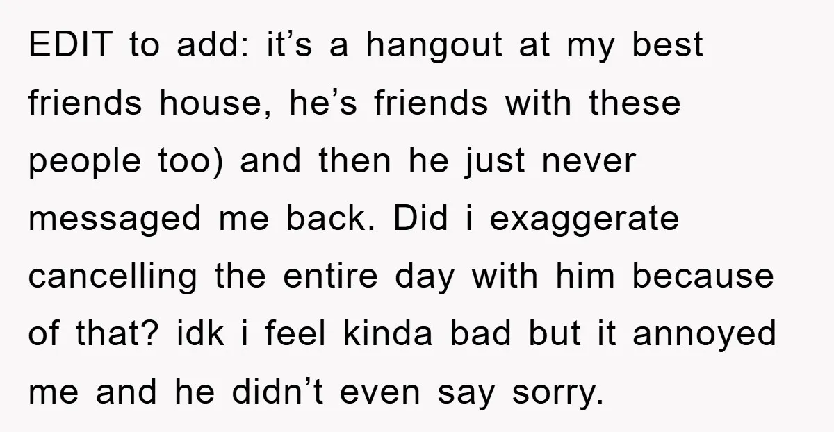 EDIT to add: it’s a hangout at my best friends house, he’s friends with these people too) and then he just never messaged me back. Did i exaggerate cancelling the...