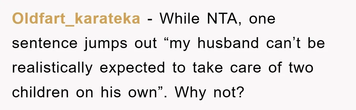 Oldfart_karateka - While NTA, one sentence jumps out “my husband can’t be realistically expected to take care of two children on his own”. Why not?