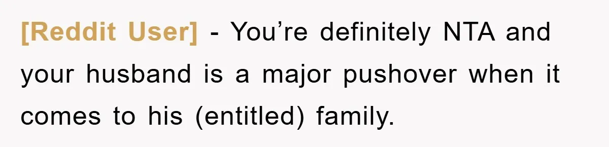 [Reddit User] - You’re definitely NTA and your husband is a major pushover when it comes to his (entitled) family.