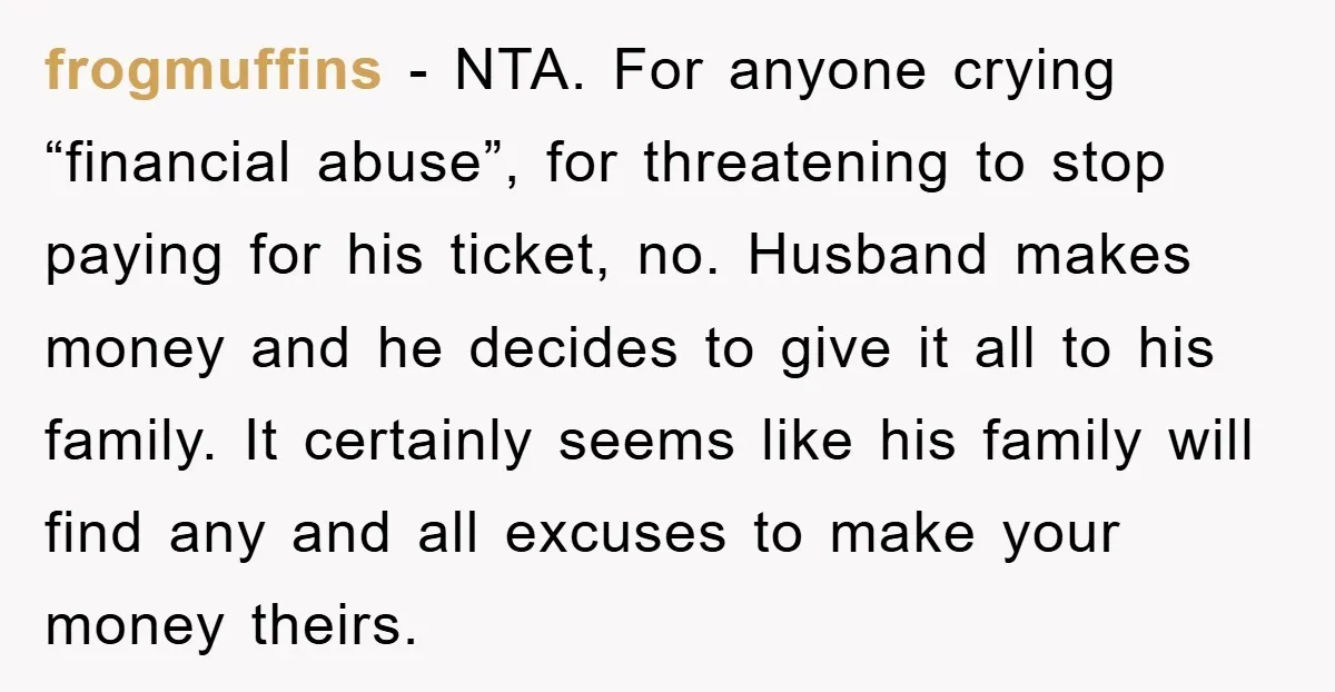 frogmuffins - NTA. For anyone crying “financial abuse”, for threatening to stop paying for his ticket, no. Husband makes money and he decides to give it all to his family....