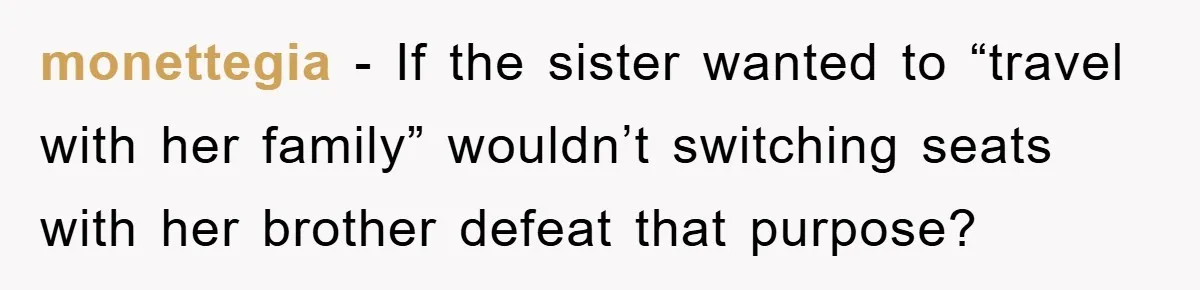 monettegia - If the sister wanted to “travel with her family” wouldn’t switching seats with her brother defeat that purpose?