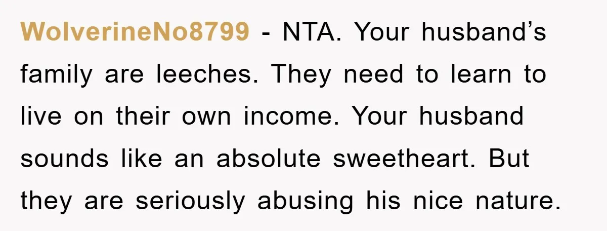WolverineNo8799 - NTA. Your husband’s family are leeches. They need to learn to live on their own income. Your husband sounds like an absolute sweetheart. But they are seriously abusing...