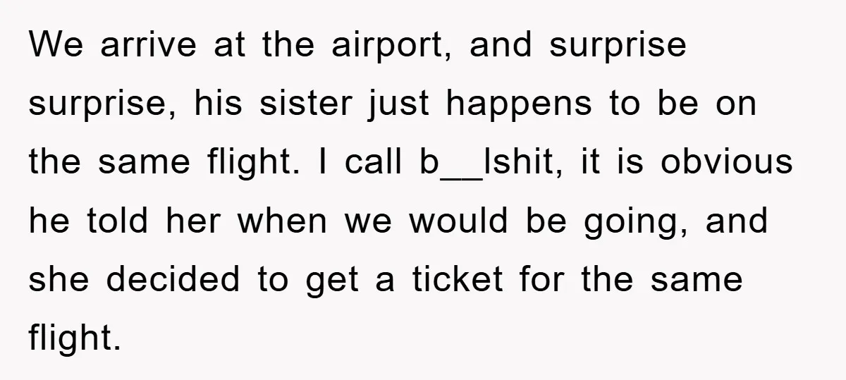 We arrive at the airport, and surprise surprise, his sister just happens to be on the same flight. I call b__lshit, it is obvious he told her when we would...