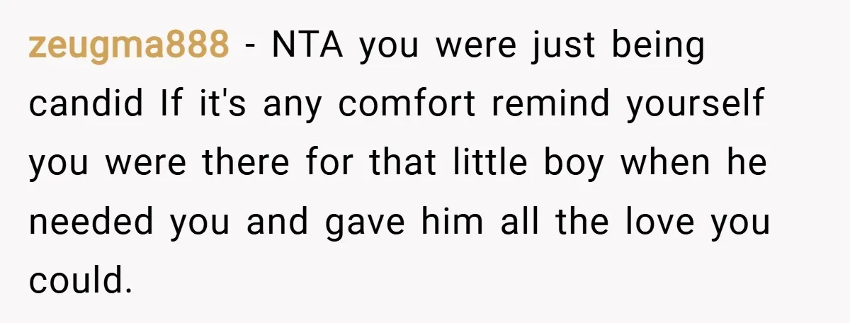 zeugma888 − NTA you were just being candid If it's any comfort remind yourself you were there for that little boy when he needed you and gave him all the...