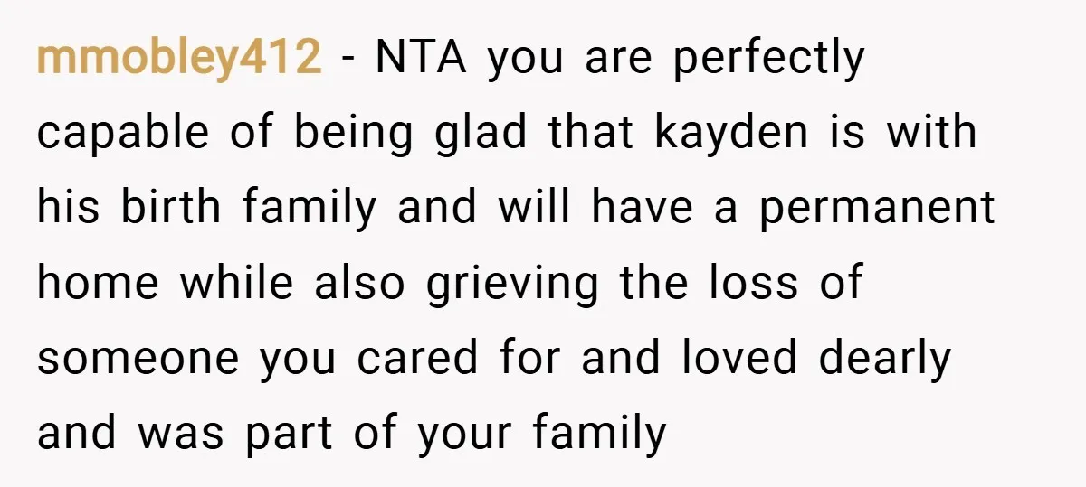 mmobley412 − NTA you are perfectly capable of being glad that kayden is with his birth family and will have a permanent home while also grieving the loss of someone...