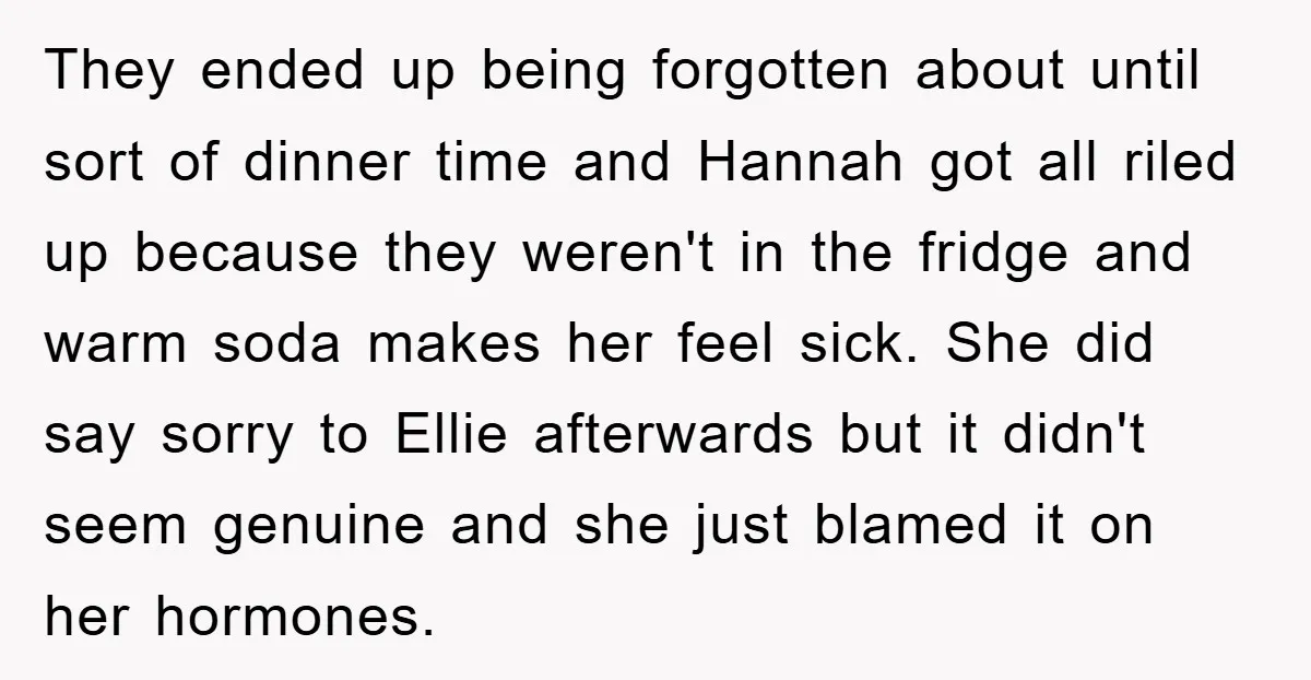 They ended up being forgotten about until sort of dinner time and Hannah got all riled up because they weren't in the fridge and warm soda makes her feel sick....