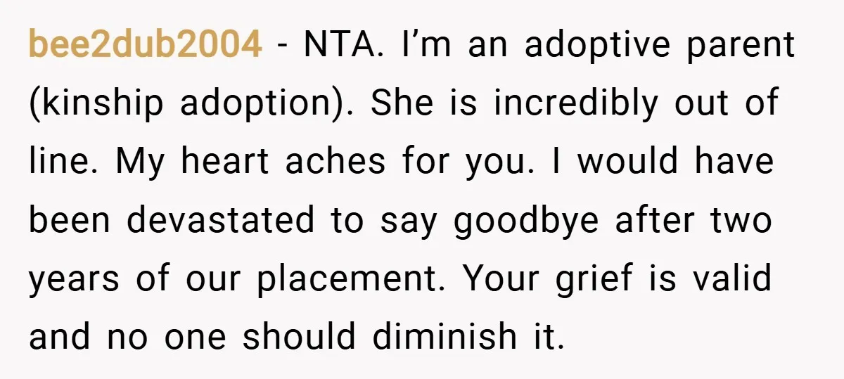 bee2dub2004 − NTA. I’m an adoptive parent (kinship adoption). She is incredibly out of line. My heart aches for you. I would have been devastated to say goodbye after two...