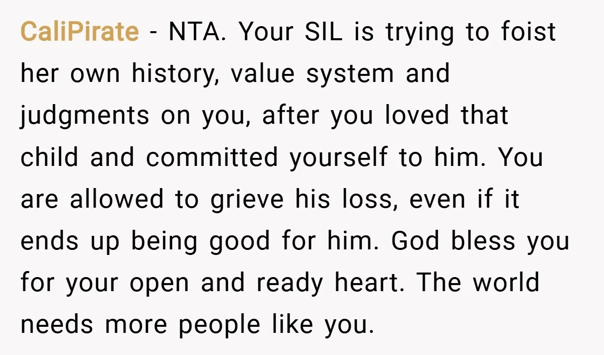 CaliPirate − NTA. Your SIL is trying to foist her own history, value system and judgments on you, after you loved that child and committed yourself to him. You are...