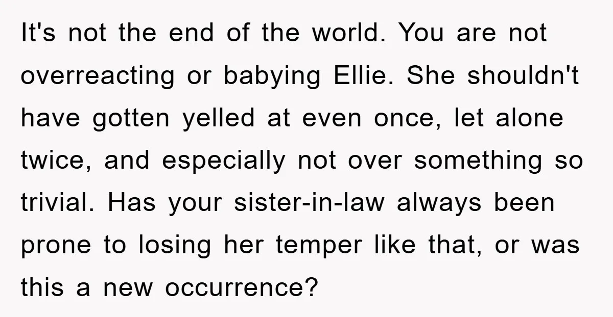 It's not the end of the world. You are not overreacting or babying Ellie. She shouldn't have gotten yelled at even once, let alone twice, and especially not over something...