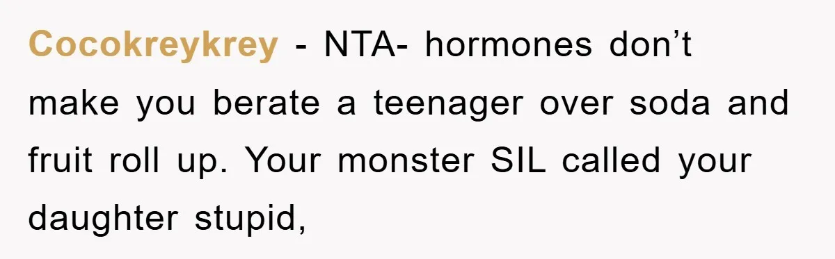 Cocokreykrey − NTA- hormones don’t make you berate a teenager over soda and fruit roll up. Your monster SIL called your daughter stupid,