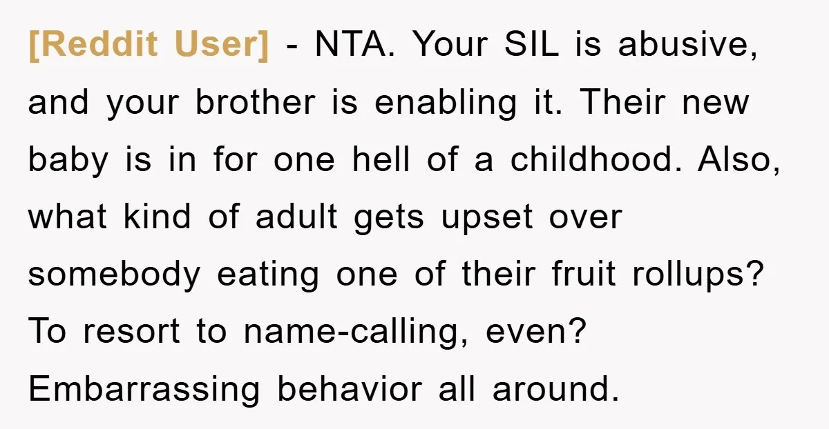 [Reddit User] − NTA. Your SIL is abusive, and your brother is enabling it. Their new baby is in for one hell of a childhood. Also, what kind of adult...