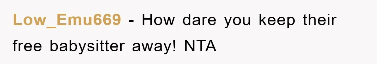 Low_Emu669 − How dare you keep their free babysitter away! NTA