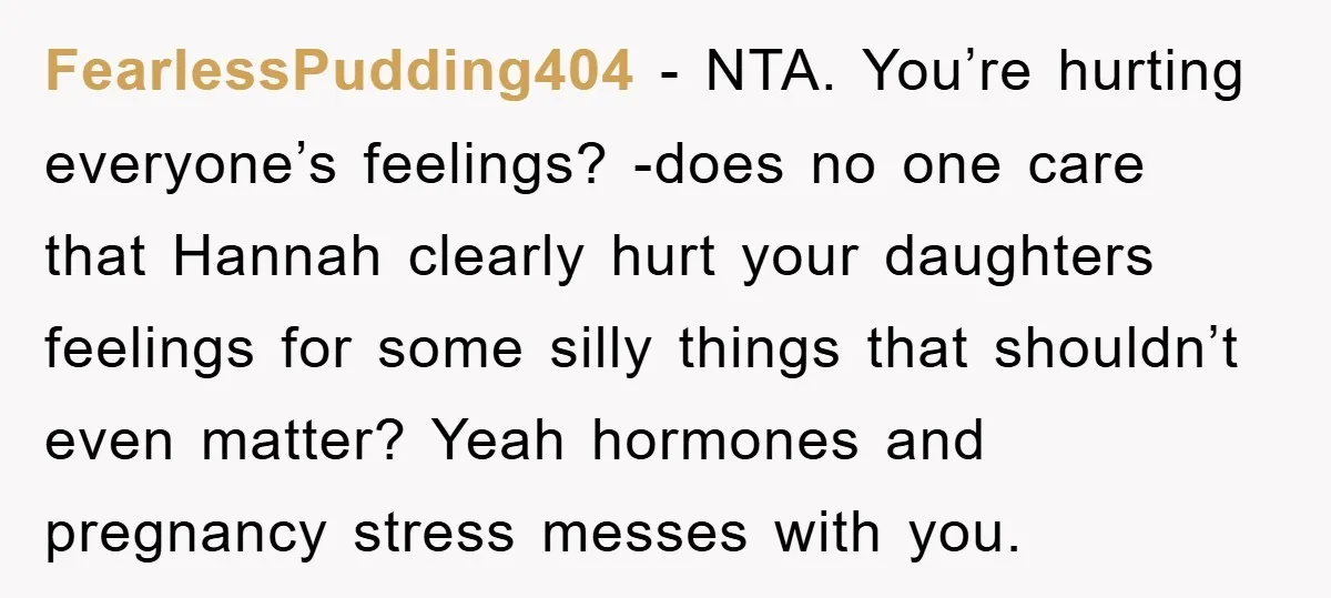 FearlessPudding404 − NTA. You’re hurting everyone’s feelings? -does no one care that Hannah clearly hurt your daughters feelings for some silly things that shouldn’t even matter? Yeah hormones and pregnancy...