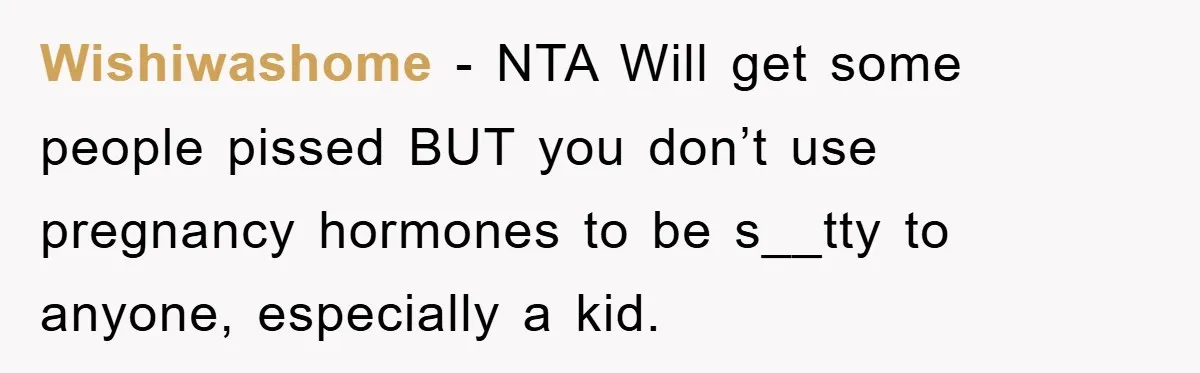 Wishiwashome − NTA Will get some people pissed BUT you don’t use pregnancy hormones to be s__tty to anyone, especially a kid.