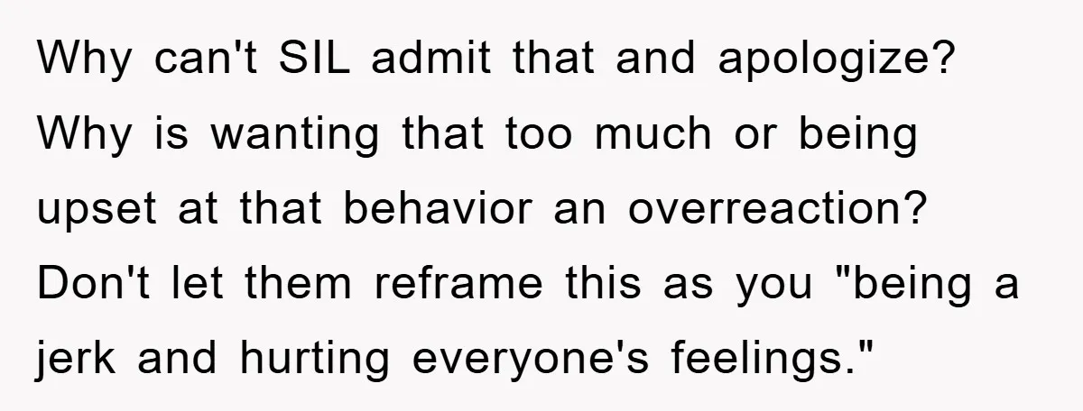 Why can't SIL admit that and apologize? Why is wanting that too much or being upset at that behavior an overreaction? Don't let them reframe this as you "being a...