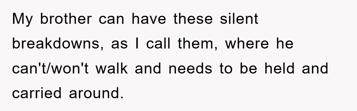 My brother can have these silent breakdowns, as I call them, where he can't/won't walk and needs to be held and carried around.