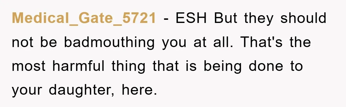 Medical_Gate_5721 − ESH But they should not be badmouthing you at all. That's the most harmful thing that is being done to your daughter, here.