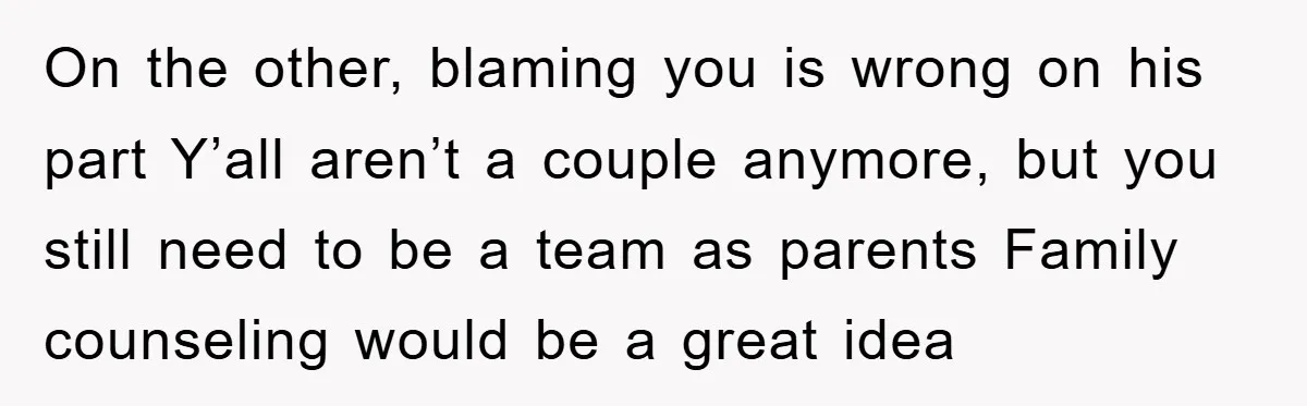 On the other, blaming you is wrong on his part Y’all aren’t a couple anymore, but you still need to be a team as parents Family counseling would be a...