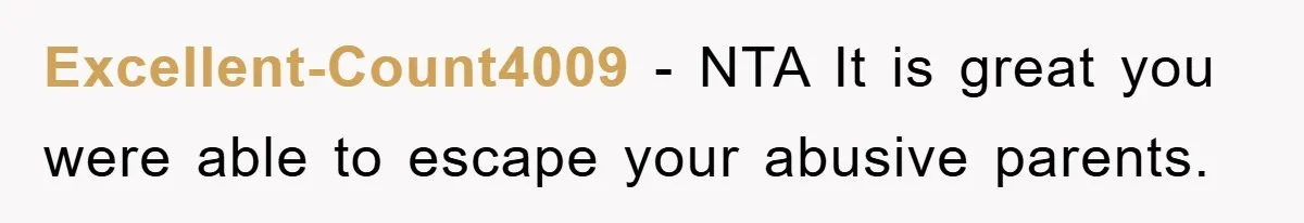 Excellent-Count4009 − NTA It is great you were able to escape your abusive parents.