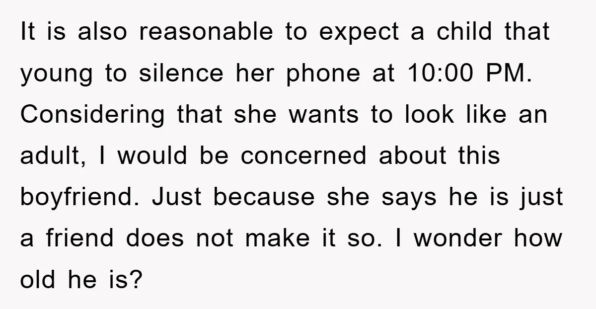 It is also reasonable to expect a child that young to silence her phone at 10:00 PM. Considering that she wants to look like an adult, I would be concerned...