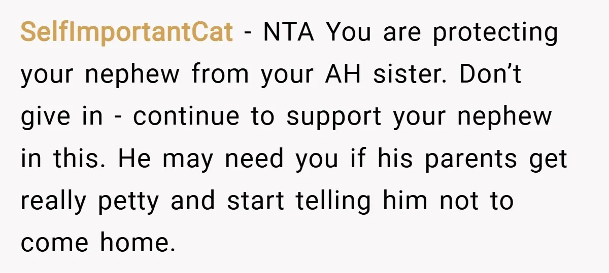 SelfImportantCat − NTA You are protecting your nephew from your AH sister. Don’t give in - continue to support your nephew in this. He may need you if his parents...
