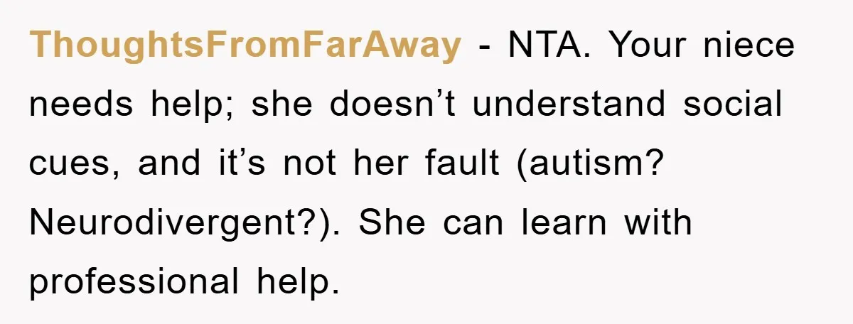 ThoughtsFromFarAway - NTA. Your niece needs help; she doesn’t understand social cues, and it’s not her fault (autism? Neurodivergent?). She can learn with professional help.
