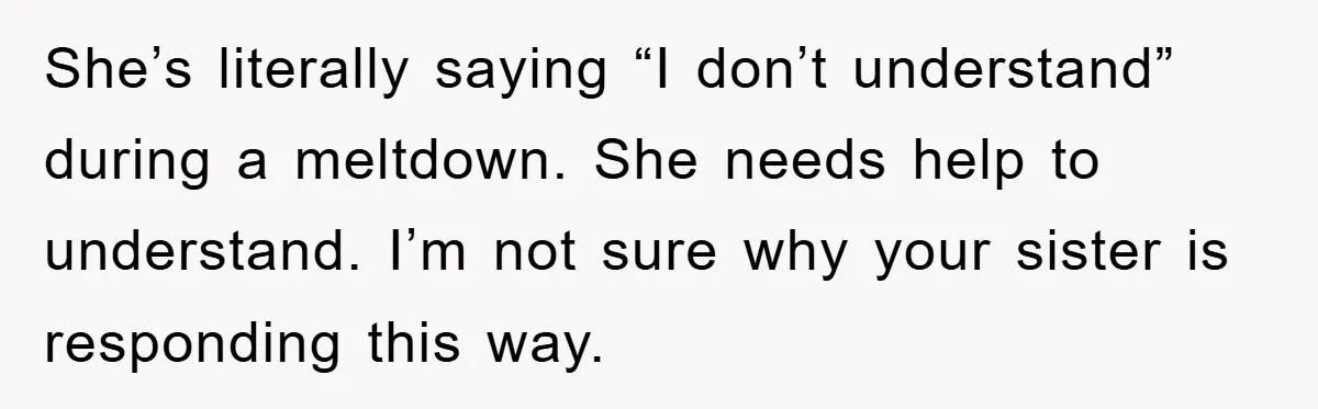 She’s literally saying “I don’t understand” during a meltdown. She needs help to understand. I’m not sure why your sister is responding this way.
