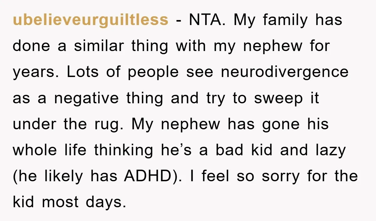 ubelieveurguiltless - NTA. My family has done a similar thing with my nephew for years. Lots of people see neurodivergence as a negative thing and try to sweep it under...