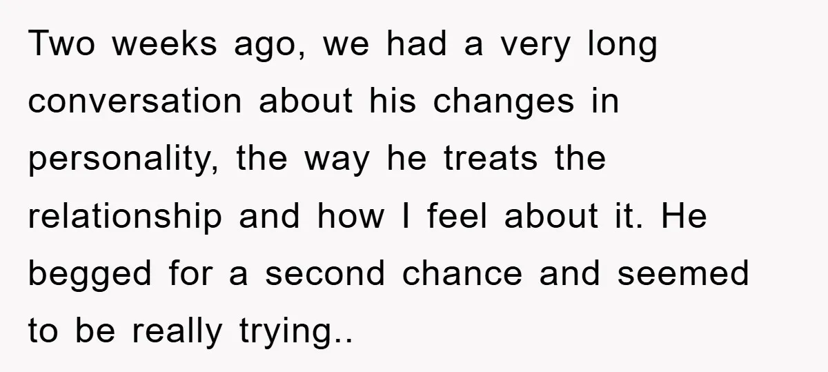 Two weeks ago, we had a very long conversation about his changes in personality, the way he treats the relationship and how I feel about it. He begged for a...
