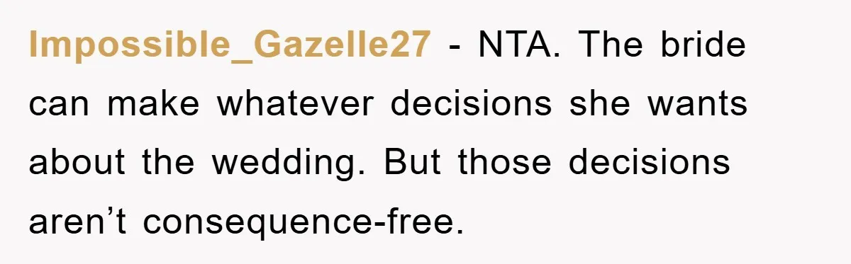 Impossible_Gazelle27 - NTA. The bride can make whatever decisions she wants about the wedding. But those decisions aren’t consequence-free.