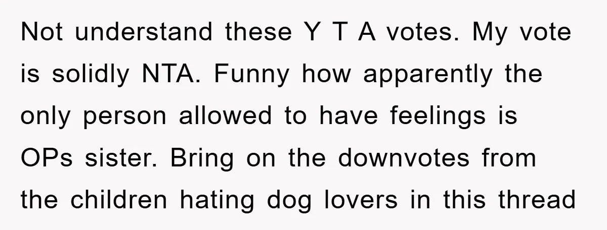 Not understand these Y T A votes. My vote is solidly NTA. Funny how apparently the only person allowed to have feelings is OPs sister. Bring on the downvotes from...