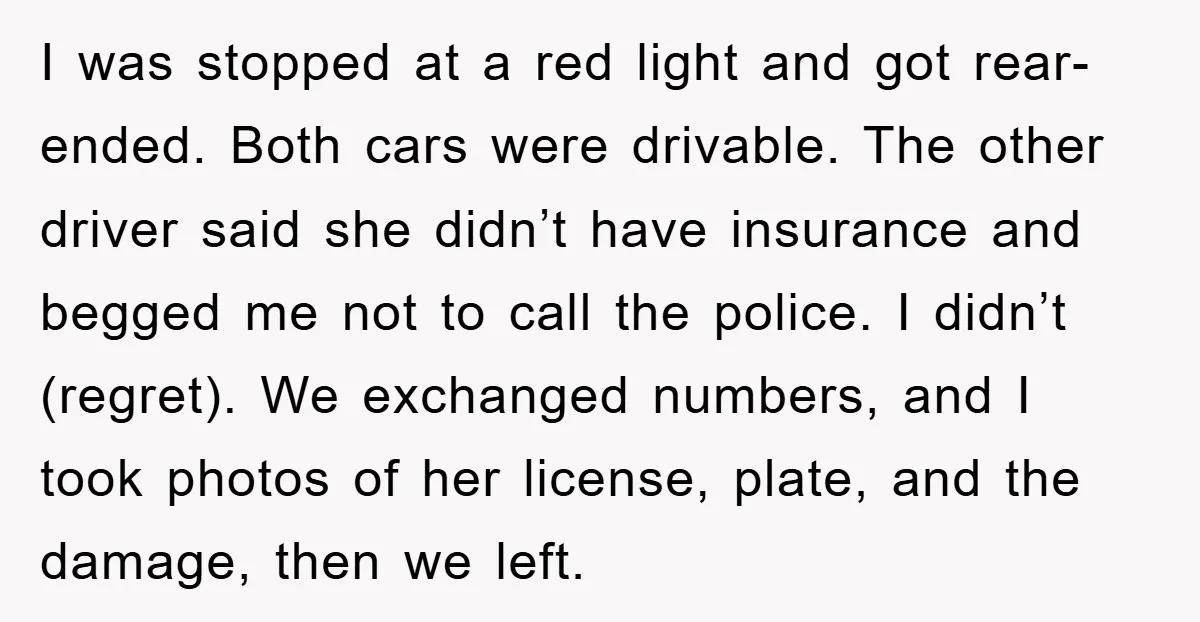 I was stopped at a red light and got rear-ended. Both cars were drivable. The other driver said she didn’t have insurance and begged me not to call the police....
