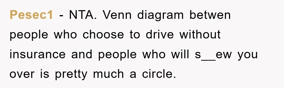 Pesec1 − NTA. Venn diagram betwen people who choose to drive without insurance and people who will s__ew you over is pretty much a circle.
