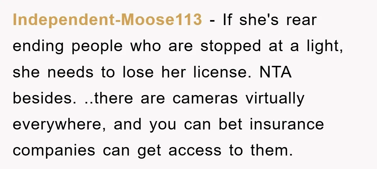 Independent-Moose113 − If she's rear ending people who are stopped at a light, she needs to lose her license. NTA besides. ..there are cameras virtually everywhere, and you can bet...