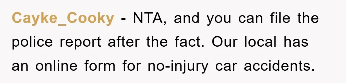 Cayke_Cooky − NTA, and you can file the police report after the fact. Our local has an online form for no-injury car accidents.