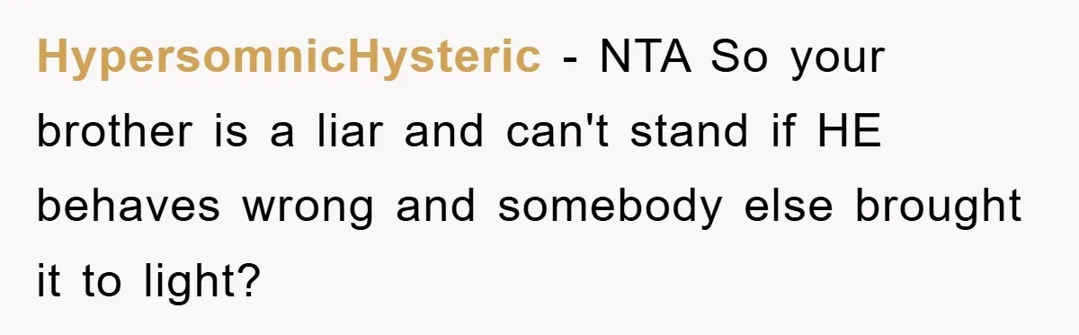 HypersomnicHysteric − NTA So your brother is a liar and can't stand if HE behaves wrong and somebody else brought it to light?