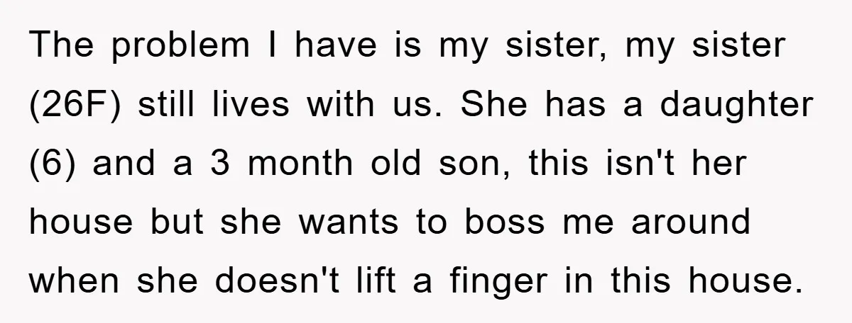 The problem I have is my sister, my sister (26F) still lives with us. She has a daughter (6) and a 3 month old son, this isn't her house but...