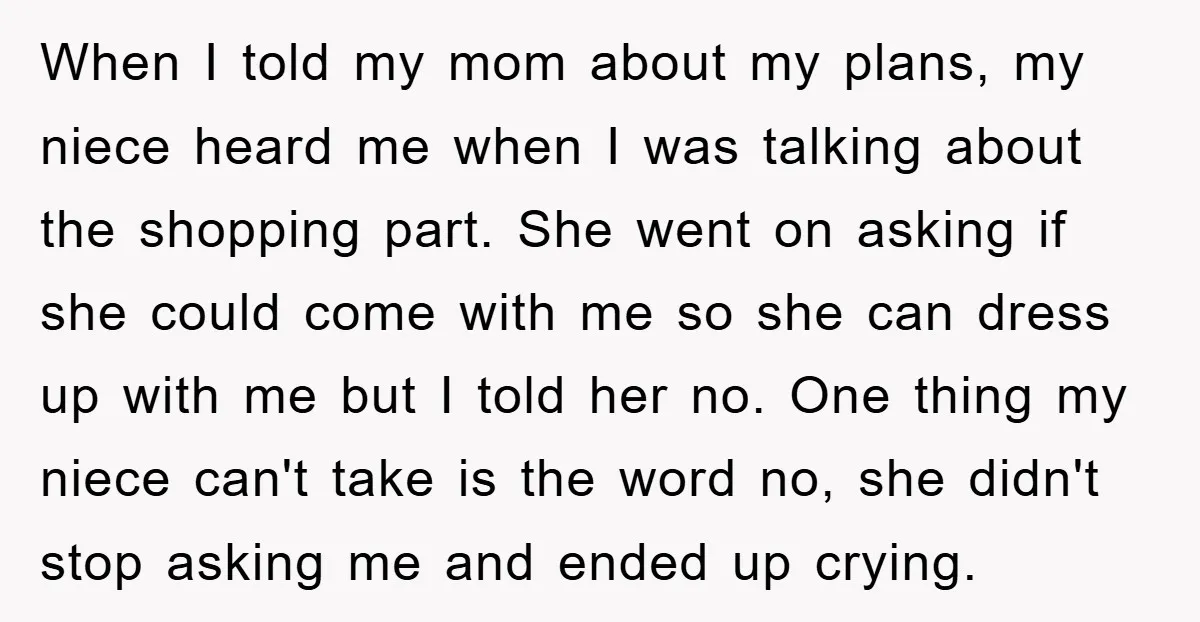 When I told my mom about my plans, my niece heard me when I was talking about the shopping part. She went on asking if she could come with me...