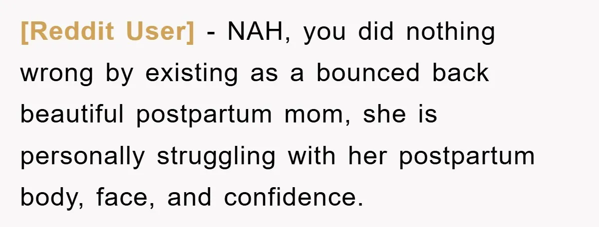 [Reddit User] − NAH, you did nothing wrong by existing as a bounced back beautiful postpartum mom, she is personally struggling with her postpartum body, face, and confidence.