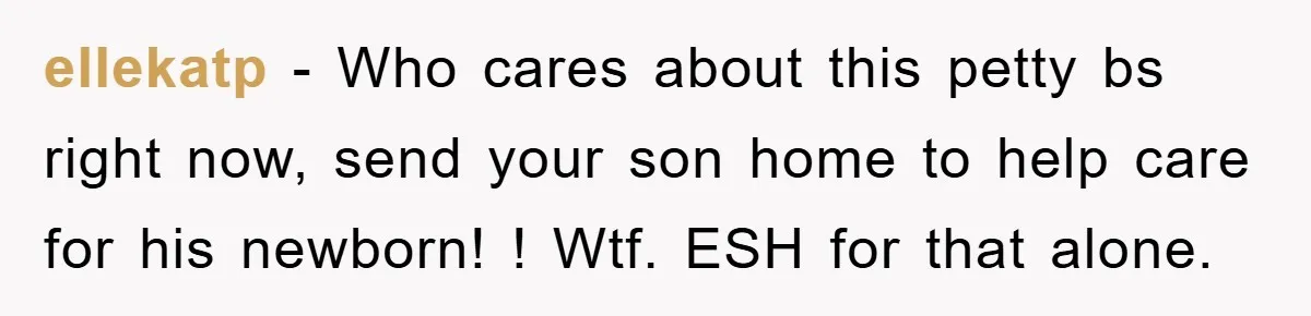 ellekatp − Who cares about this petty bs right now, send your son home to help care for his newborn! ! Wtf. ESH for that alone.