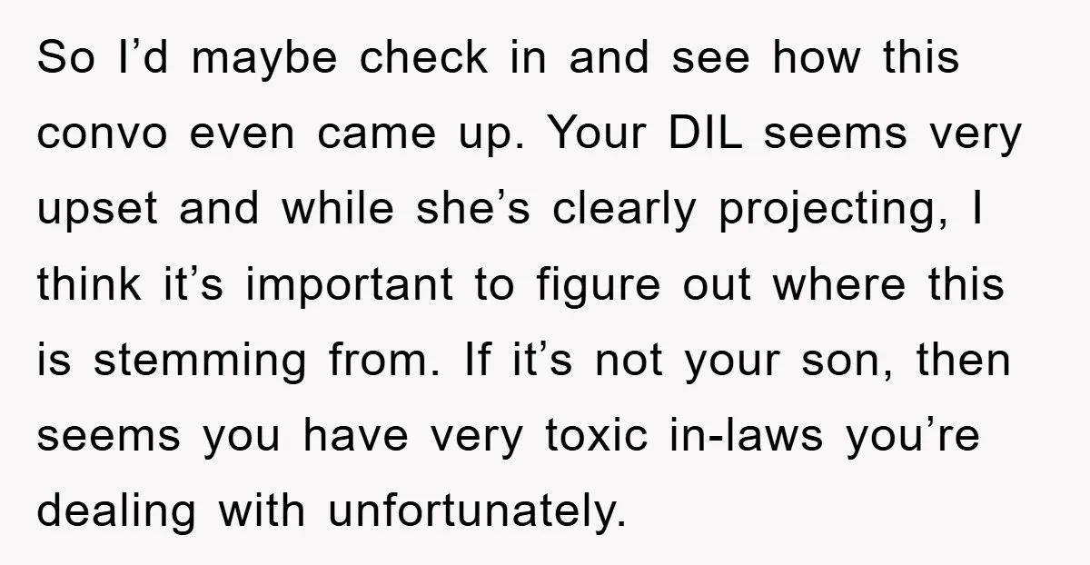 So I’d maybe check in and see how this convo even came up. Your DIL seems very upset and while she’s clearly projecting, I think it’s important to figure out...