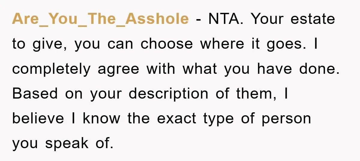 Are_You_The_Asshole − NTA. Your estate to give, you can choose where it goes. I completely agree with what you have done. Based on your description of them, I believe I...
