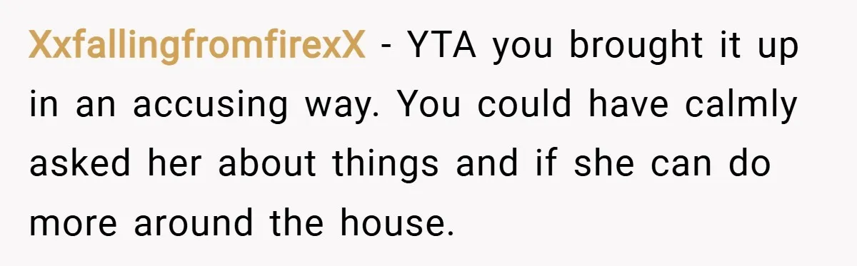 XxfallingfromfirexX − YTA you brought it up in an accusing way. You could have calmly asked her about things and if she can do more around the house.
