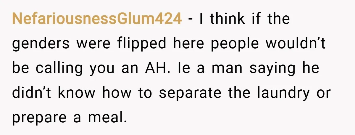 NefariousnessGlum424 − I think if the genders were flipped here people wouldn’t be calling you an AH. Ie a man saying he didn’t know how to separate the laundry or...