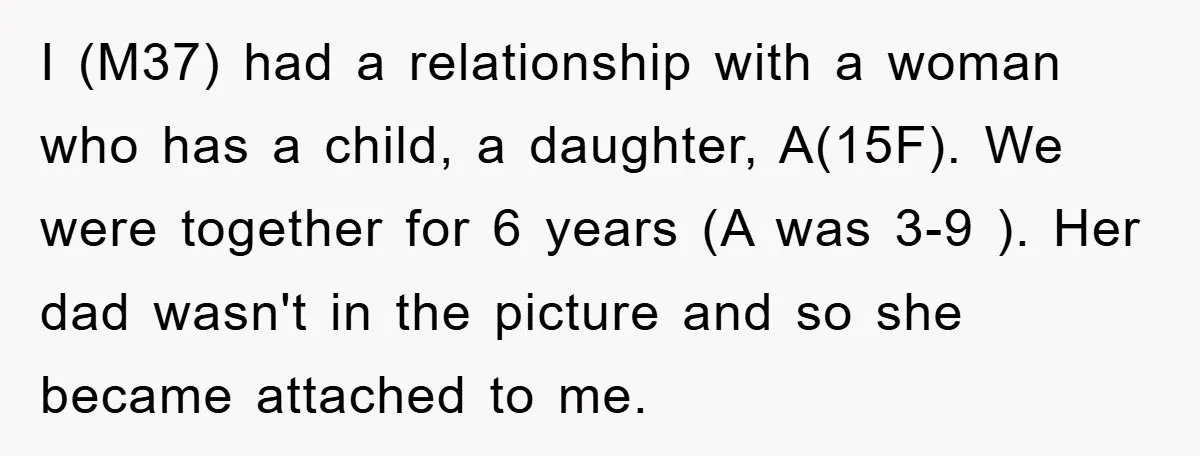 I (M37) had a relationship with a woman who has a child, a daughter, A(15F). We were together for 6 years (A was 3-9 ). Her dad wasn't in the...