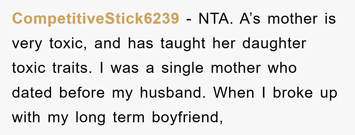CompetitiveStick6239 − NTA. A’s mother is very toxic, and has taught her daughter toxic traits. I was a single mother who dated before my husband. When I broke up with...