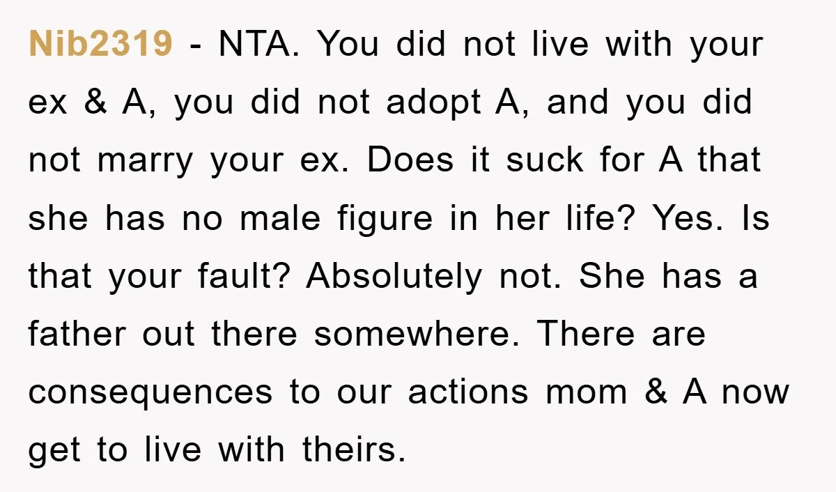 Nib2319 − NTA. You did not live with your ex & A, you did not adopt A, and you did not marry your ex. Does it suck for A that...