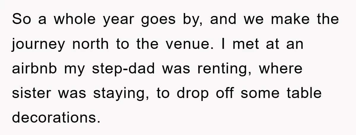 So a whole year goes by, and we make the journey north to the venue. I met at an airbnb my step-dad was renting, where sister was staying, to drop...